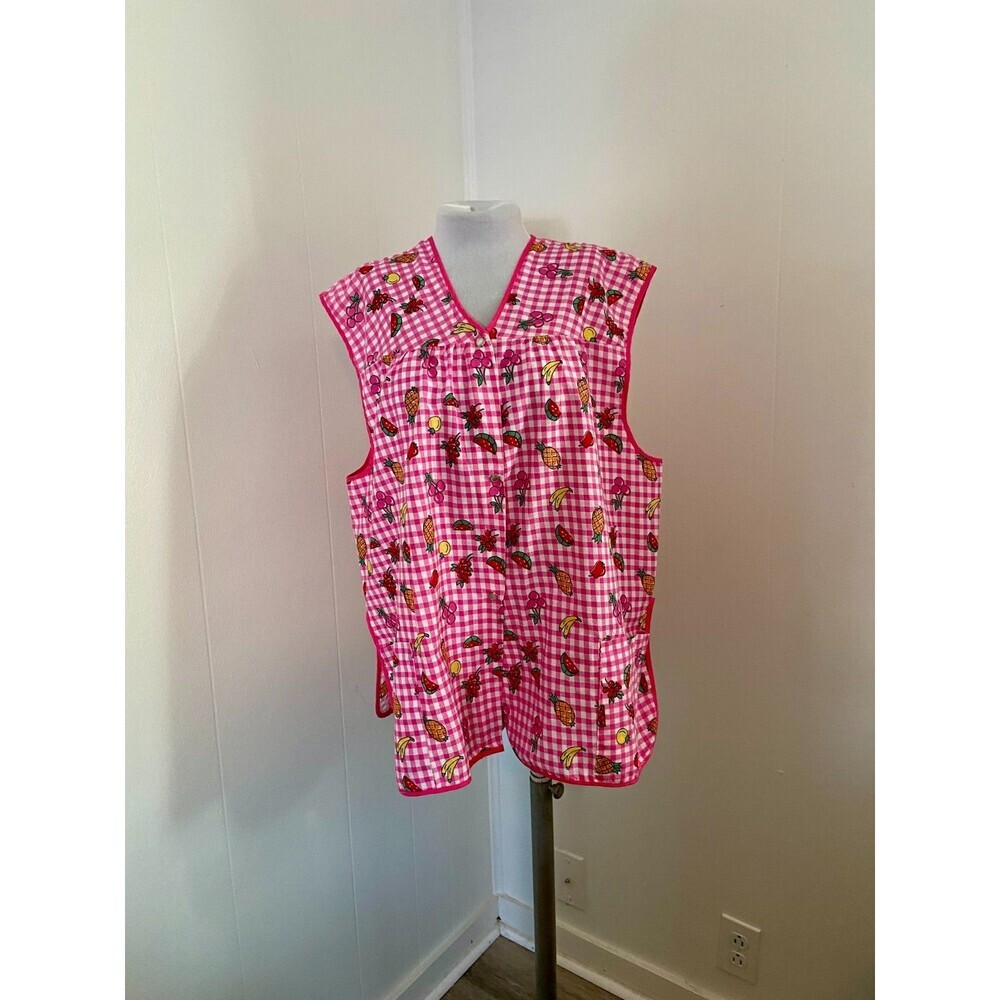 VTG Private Moments Pearl Snap House Dress Apron Smock Fruit 2XL Gingham Cotton - Picture 4 of 15